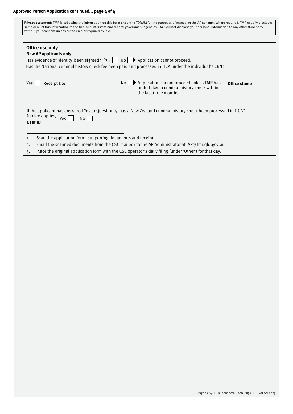 Form F1855 Approved Person Application (New and Additional Vehicle Modification Codes) - Approved Person Scheme - Queensland, Australia, Page 4
