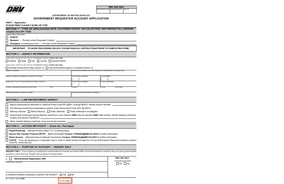 Form INF1130 Government Requester Account Application - California, Page 1
