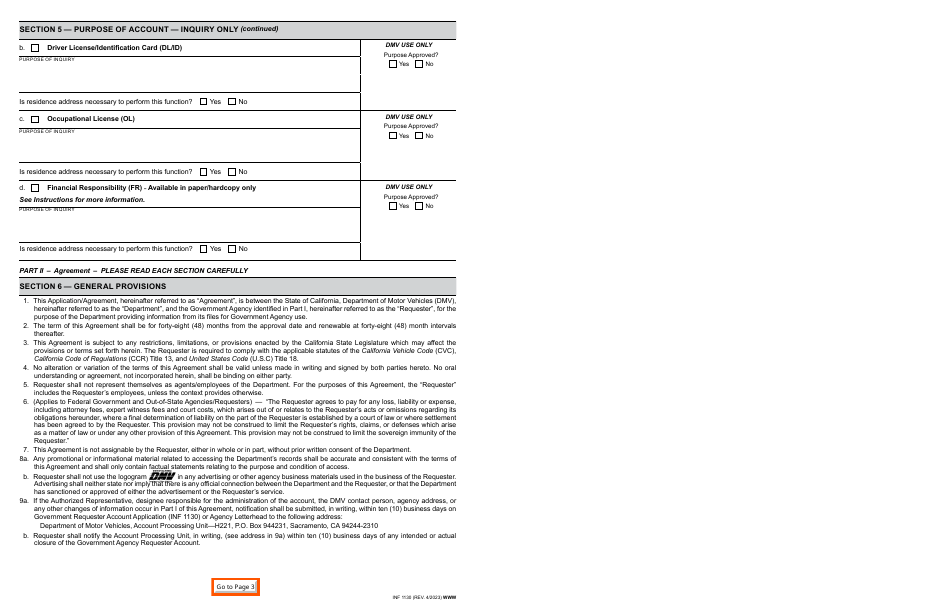 Form INF1130 Government Requester Account Application - California, Page 2