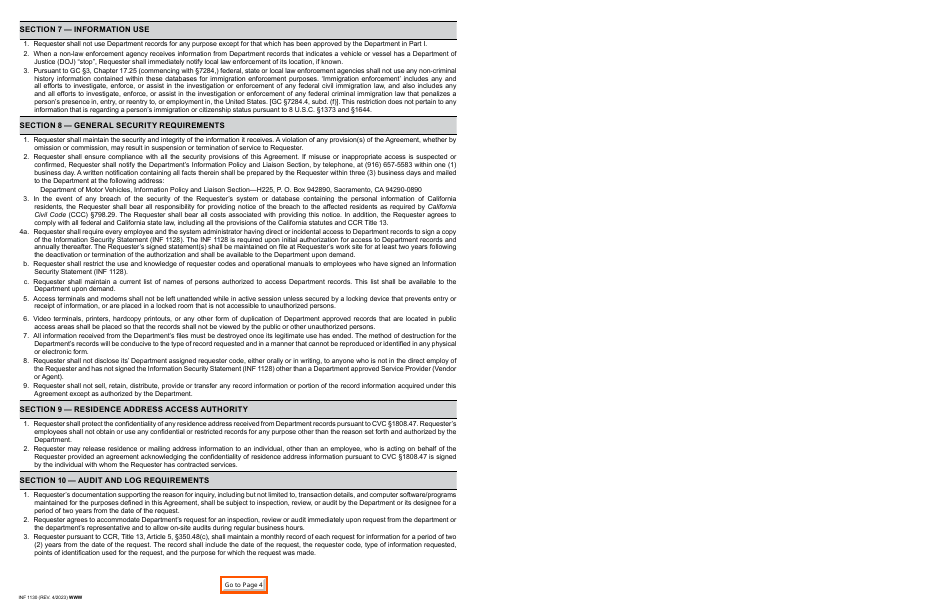 Form INF1130 Government Requester Account Application - California, Page 3