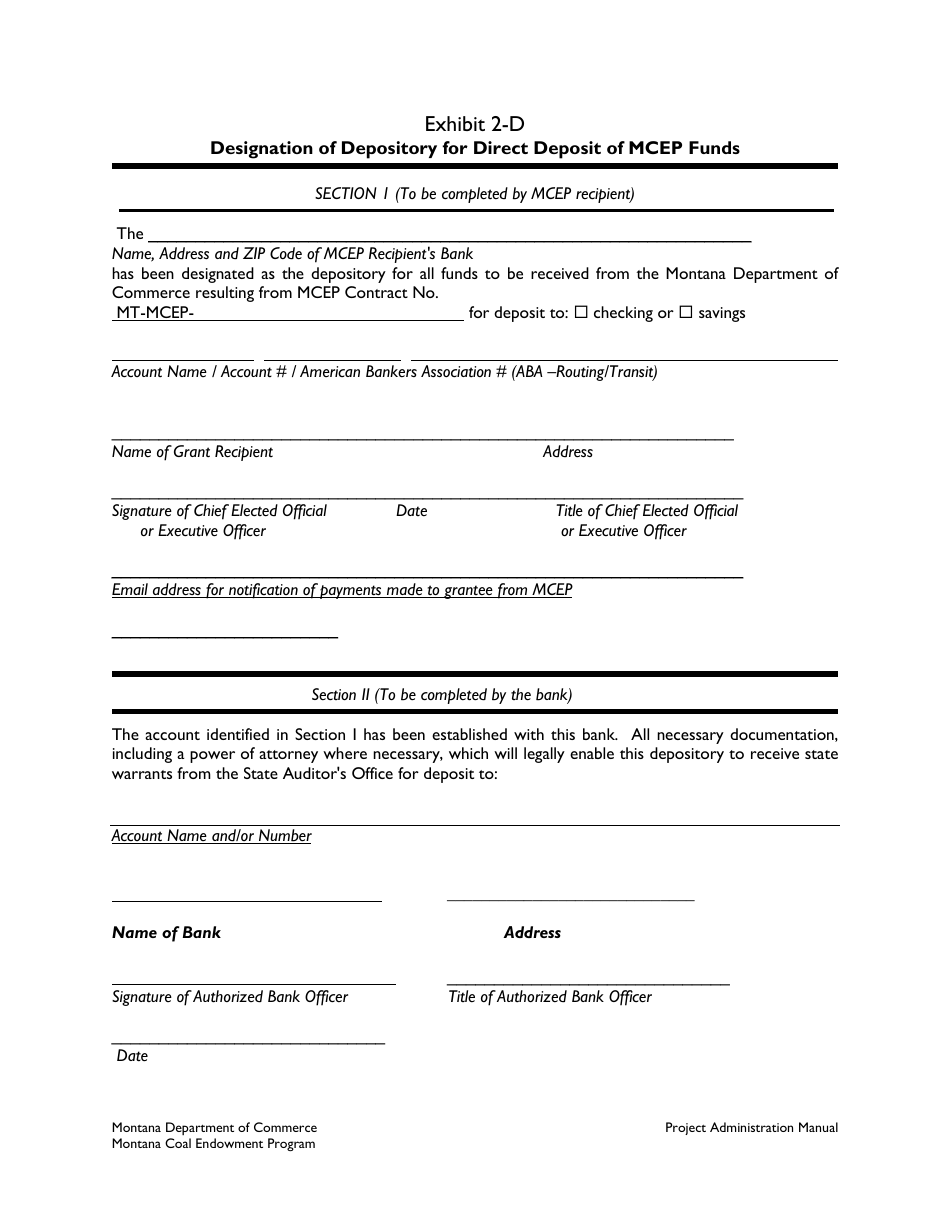 Exhibit 2-D Designation of Depository for Direct Deposit of Mcep Funds - Montana Coal Endowment Program - Montana, Page 1
