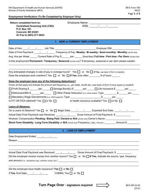 BFA Form 756 Employment Verification - New Hampshire
