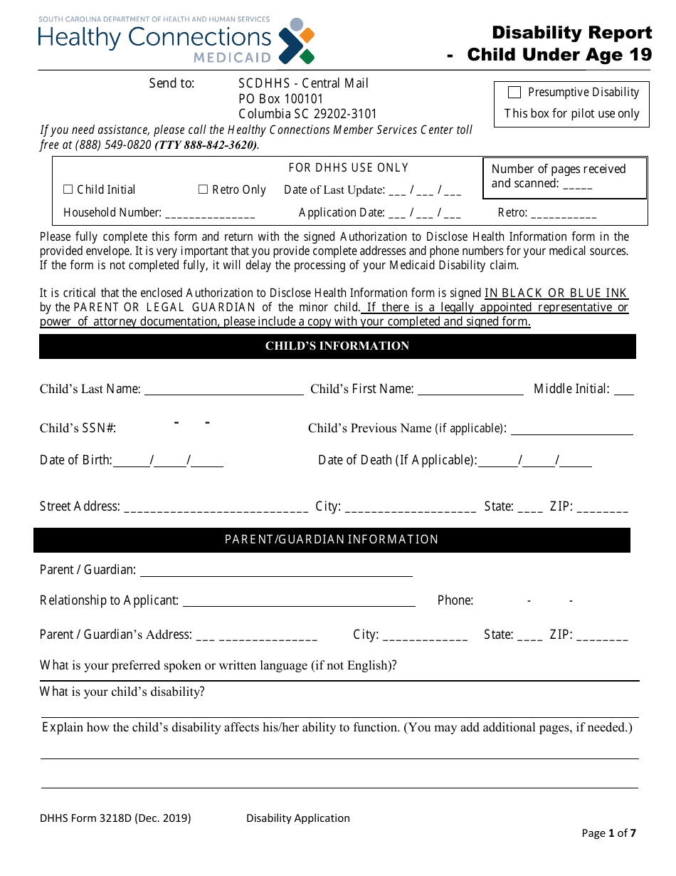 DHHS Form 3218D Disability Report - Child Under Age 19 - South Carolina, Page 1