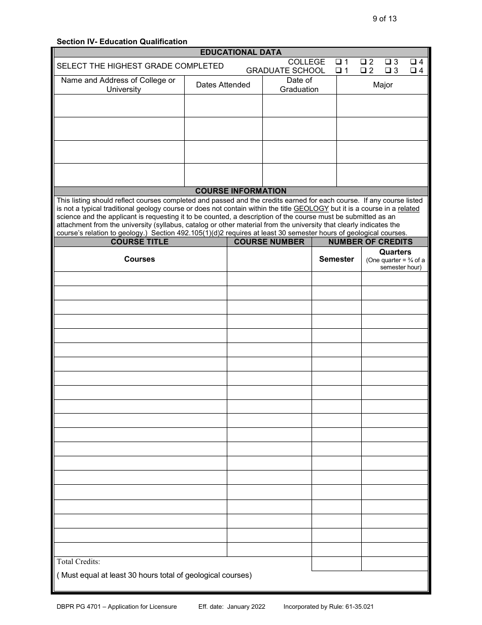 Form DBPR PG4701 Application for Licensure - Professional Geologist - Florida, Page 10