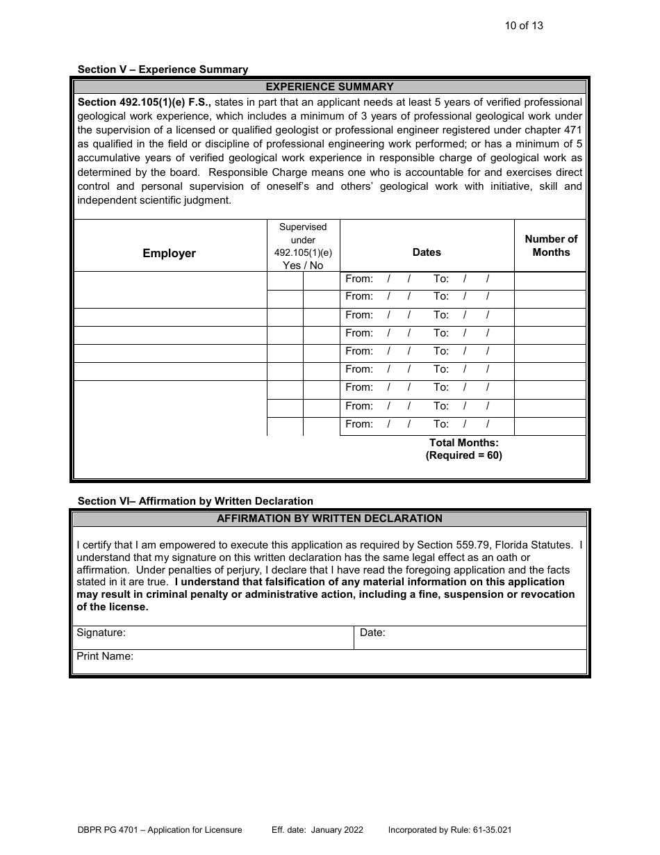 Form DBPR PG4701 Application for Licensure - Professional Geologist - Florida, Page 11