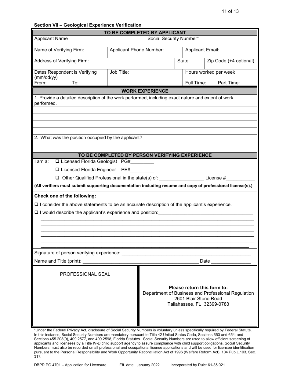 Form DBPR PG4701 Application for Licensure - Professional Geologist - Florida, Page 12