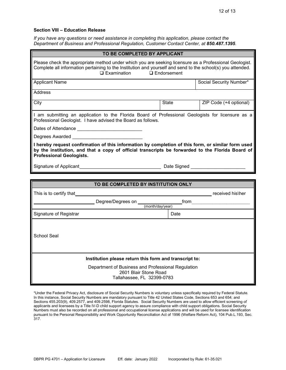 Form DBPR PG4701 Application for Licensure - Professional Geologist - Florida, Page 13