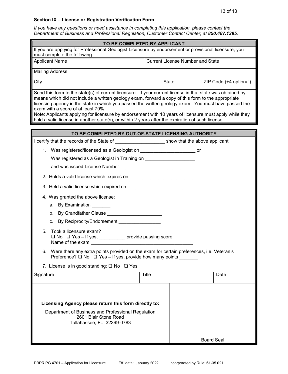 Form DBPR PG4701 Application for Licensure - Professional Geologist - Florida, Page 14