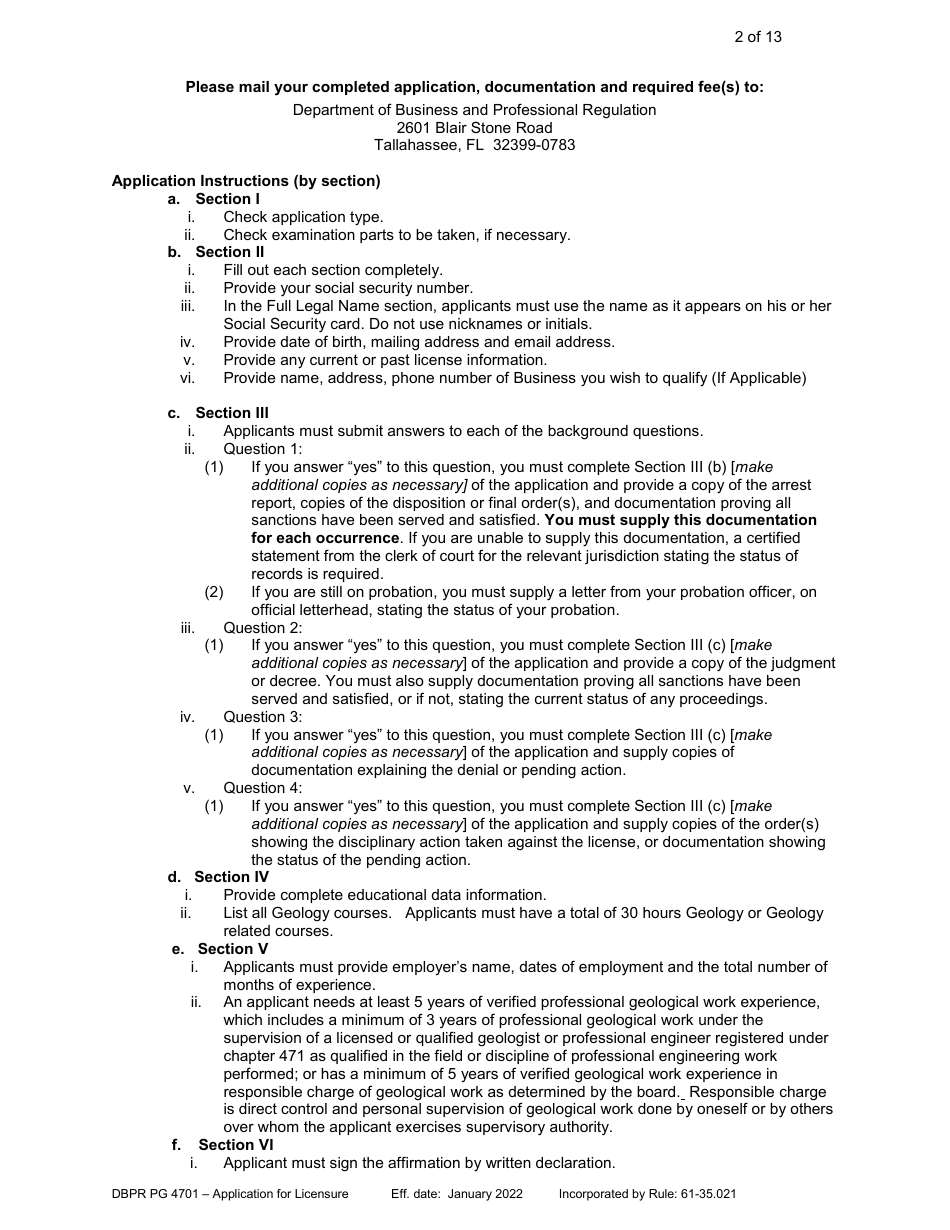 Form DBPR PG4701 Application for Licensure - Professional Geologist - Florida, Page 3