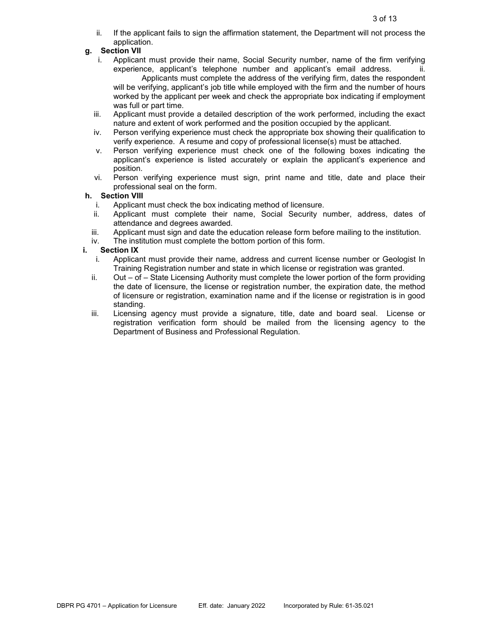 Form DBPR PG4701 Application for Licensure - Professional Geologist - Florida, Page 4