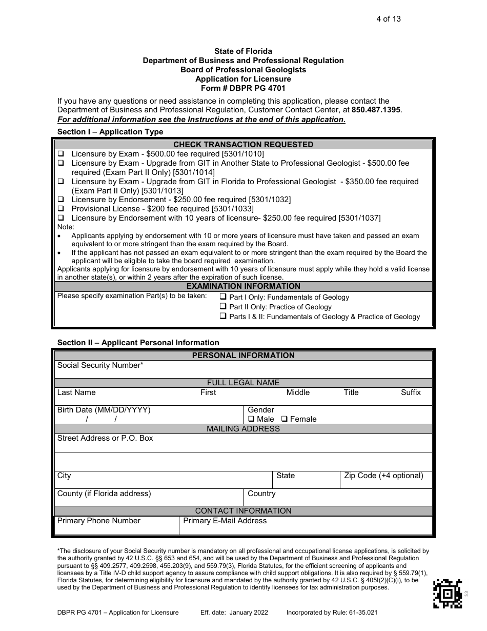 Form DBPR PG4701 Application for Licensure - Professional Geologist - Florida, Page 5