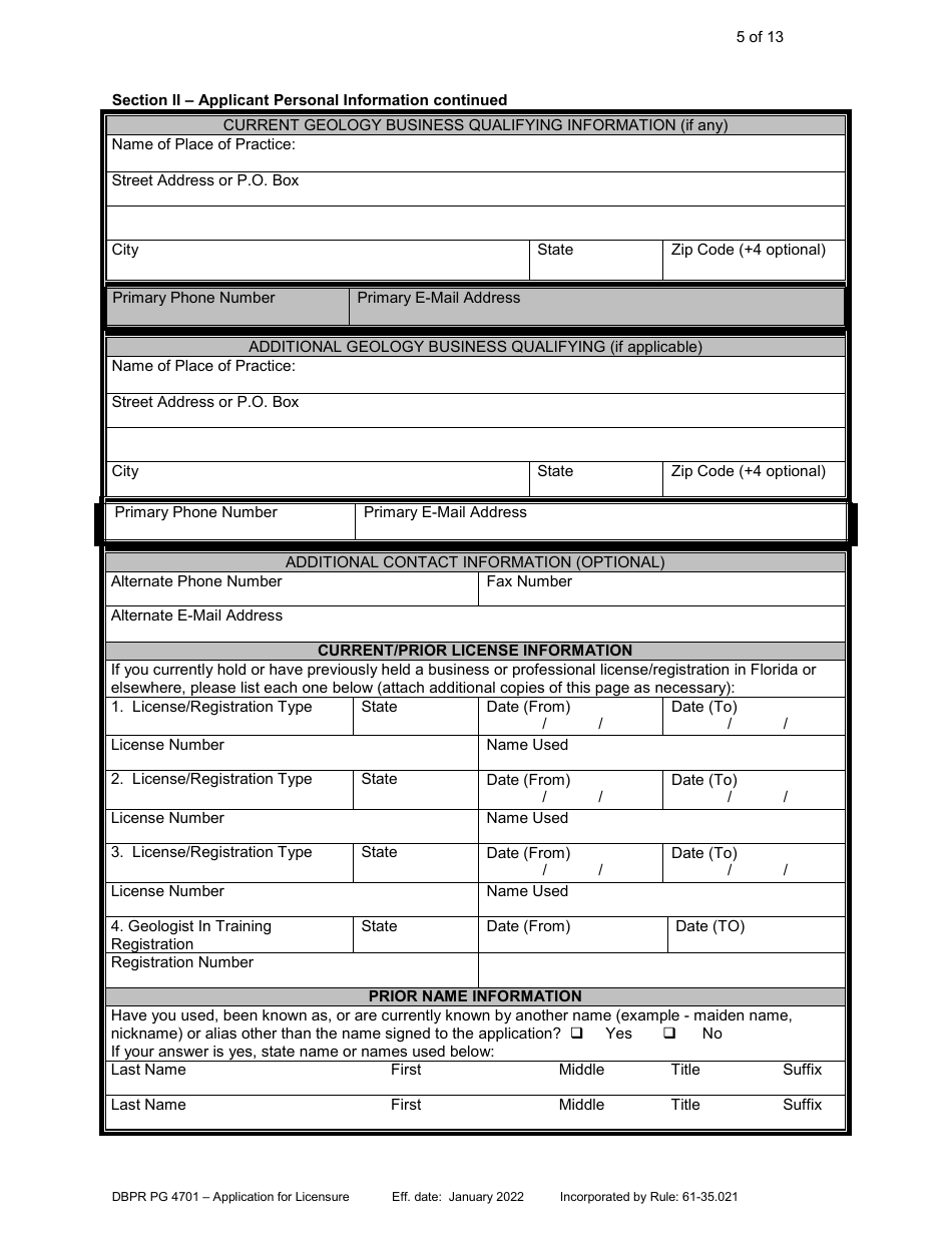 Form DBPR PG4701 Application for Licensure - Professional Geologist - Florida, Page 6