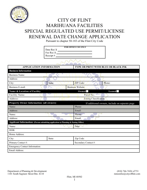 Marihuana Facilities Special Regulated Use Permit / License Renewal Date Change Application - City of Flint, Michigan Download Pdf