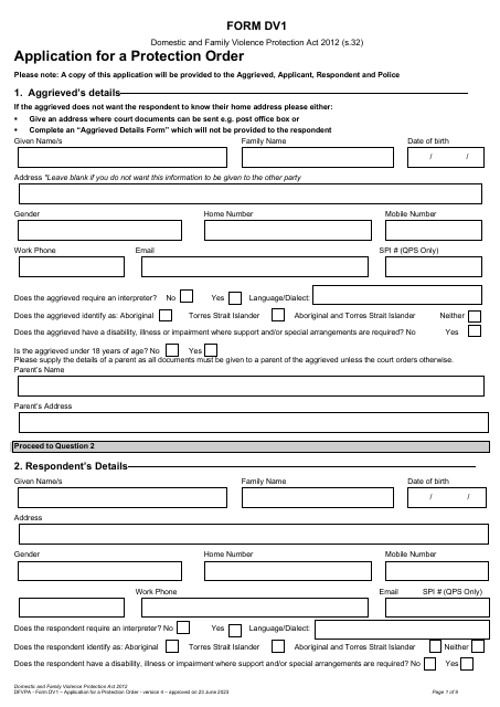 Form DV1 Application for a Protection Order - Queensland, Australia