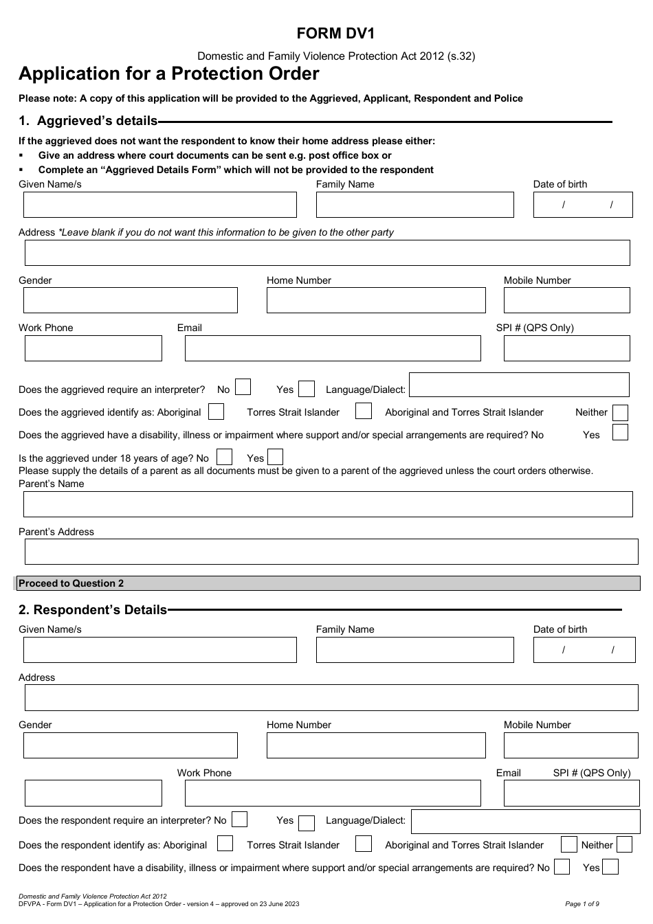 Form DV1 Application for a Protection Order - Queensland, Australia, Page 1