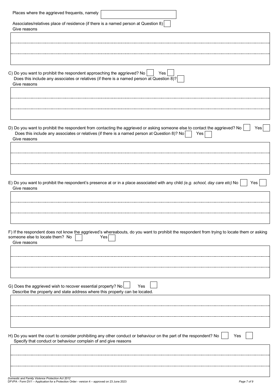Form DV1 Application for a Protection Order - Queensland, Australia, Page 7