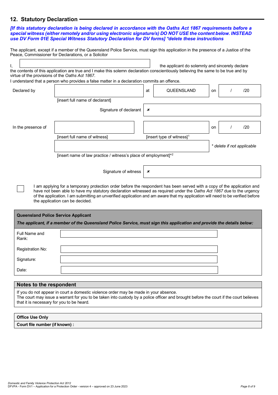 Form DV1 Application for a Protection Order - Queensland, Australia, Page 8