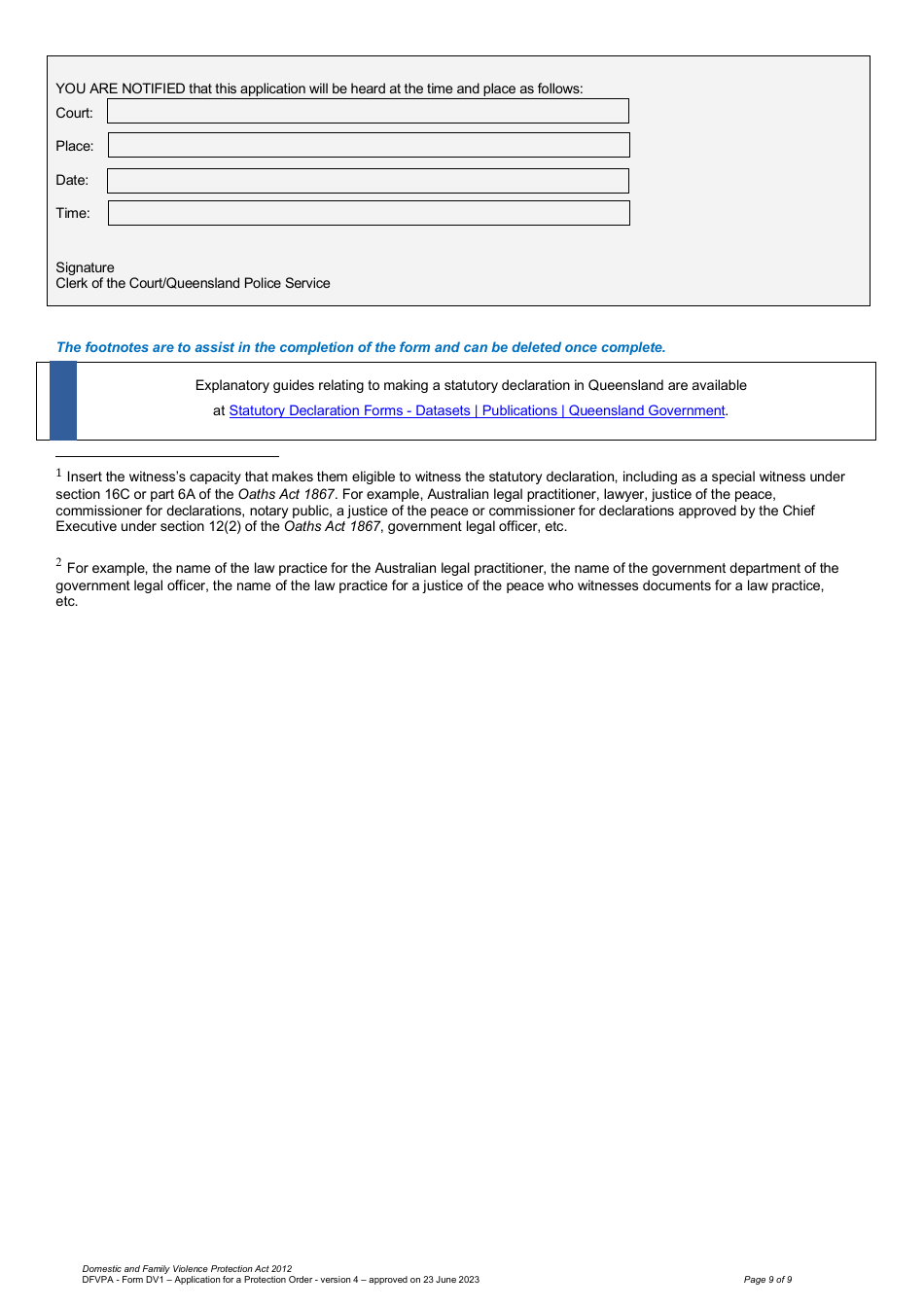 Form DV1 Application for a Protection Order - Queensland, Australia, Page 9