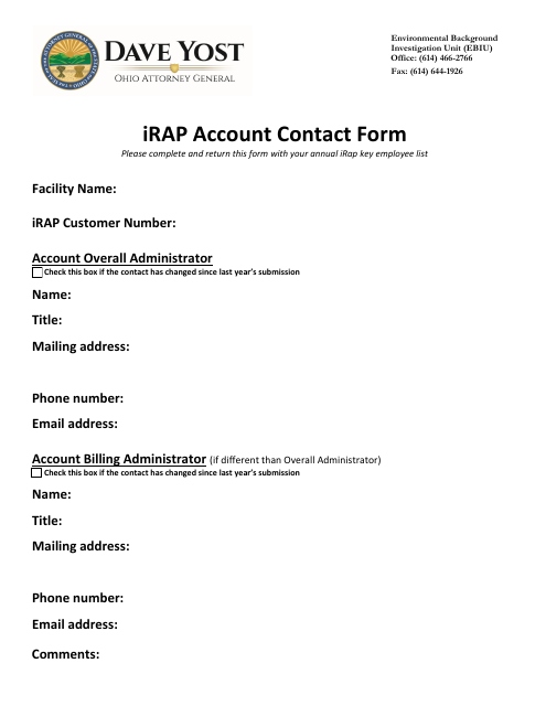 Irap Account Contact Form - Ohio Download Pdf