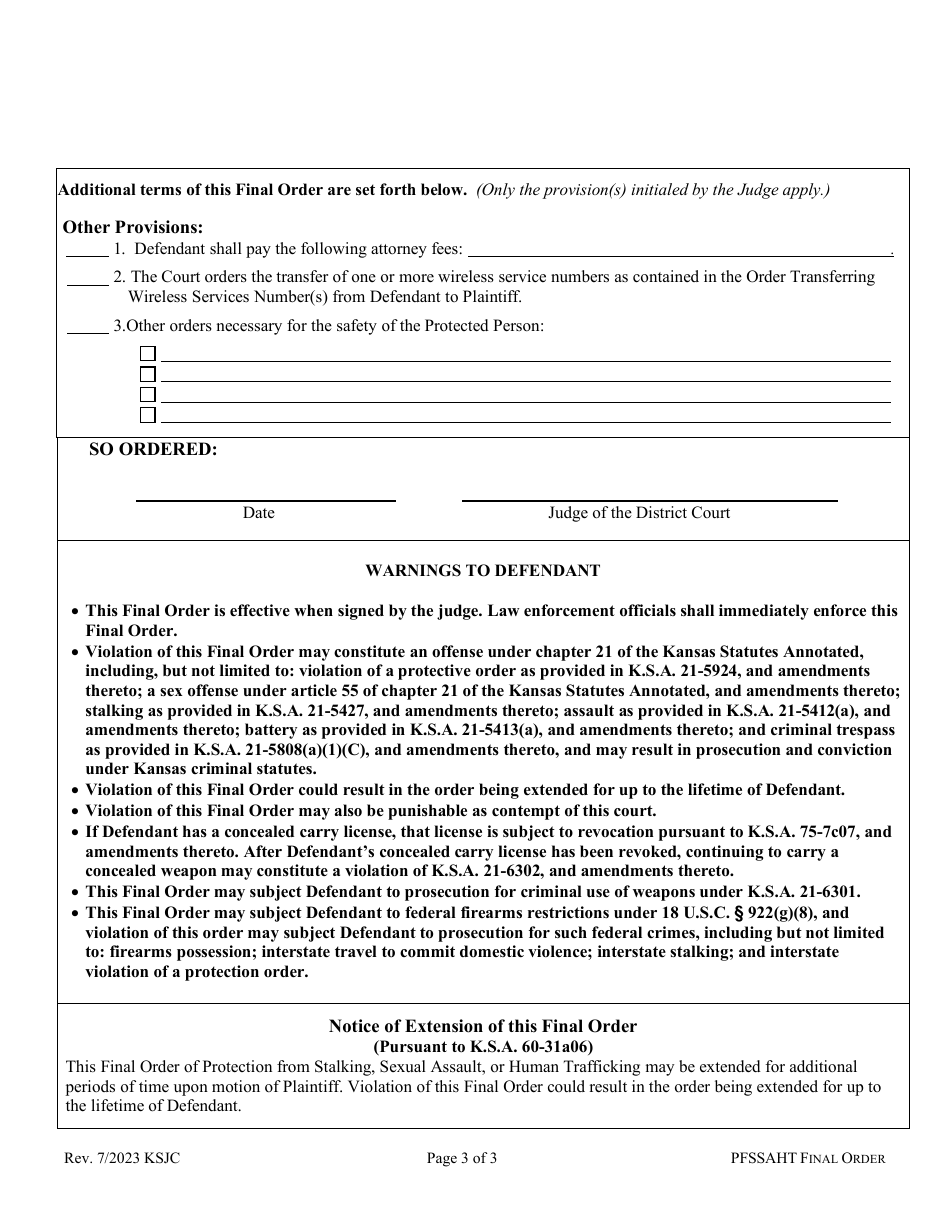 Kansas Final Order of Protection From Stalking, Sexual Assault, or