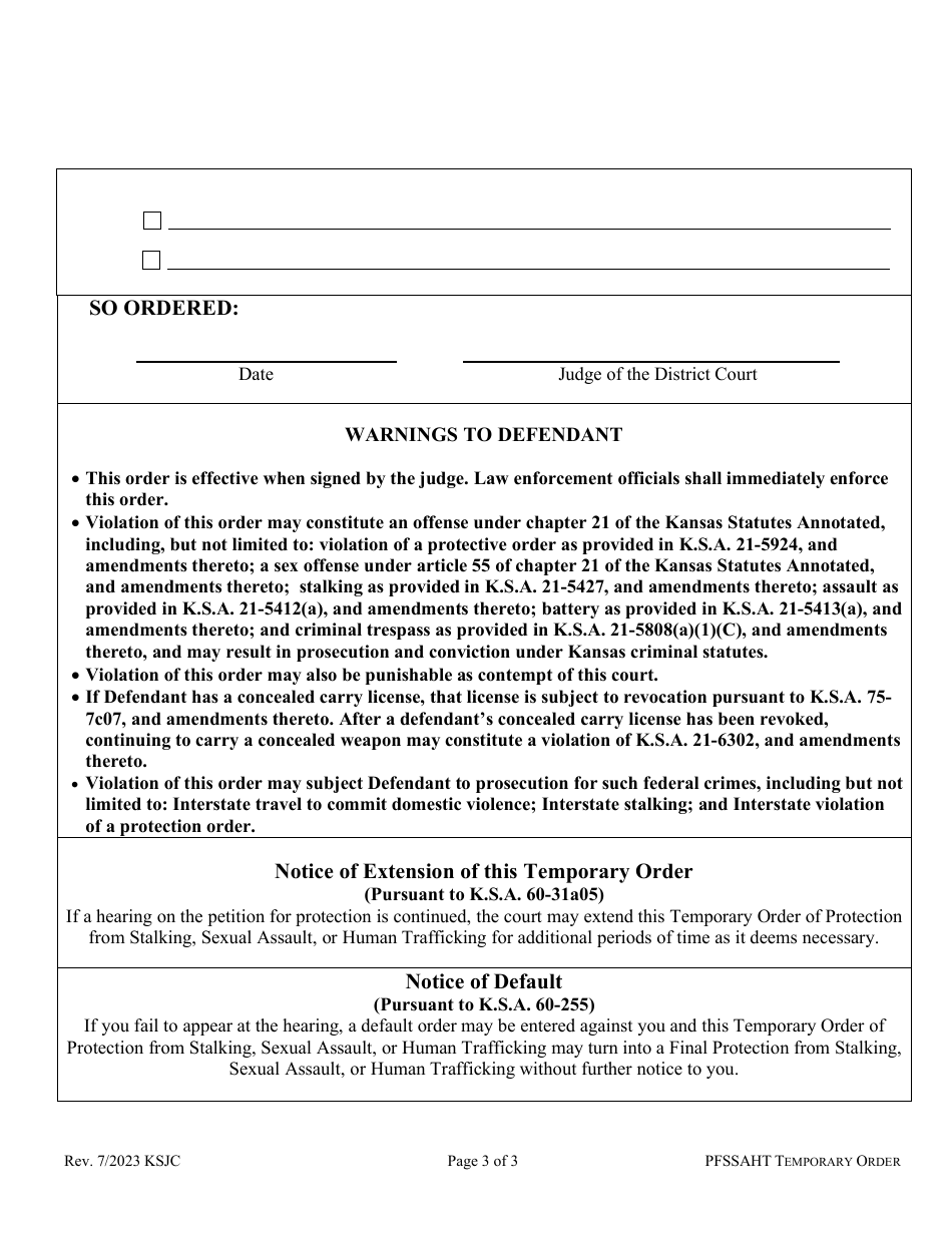 Kansas Temporary Order of Protection From Stalking, Sexual Assault, or