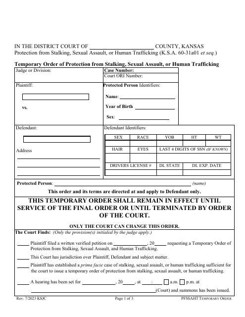 Temporary Order of Protection From Stalking, Sexual Assault, or Human Trafficking - Kansas Download Pdf