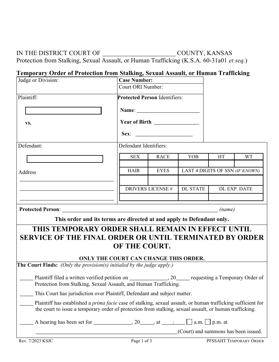 Kansas Temporary Order of Protection From Stalking, Sexual Assault, or