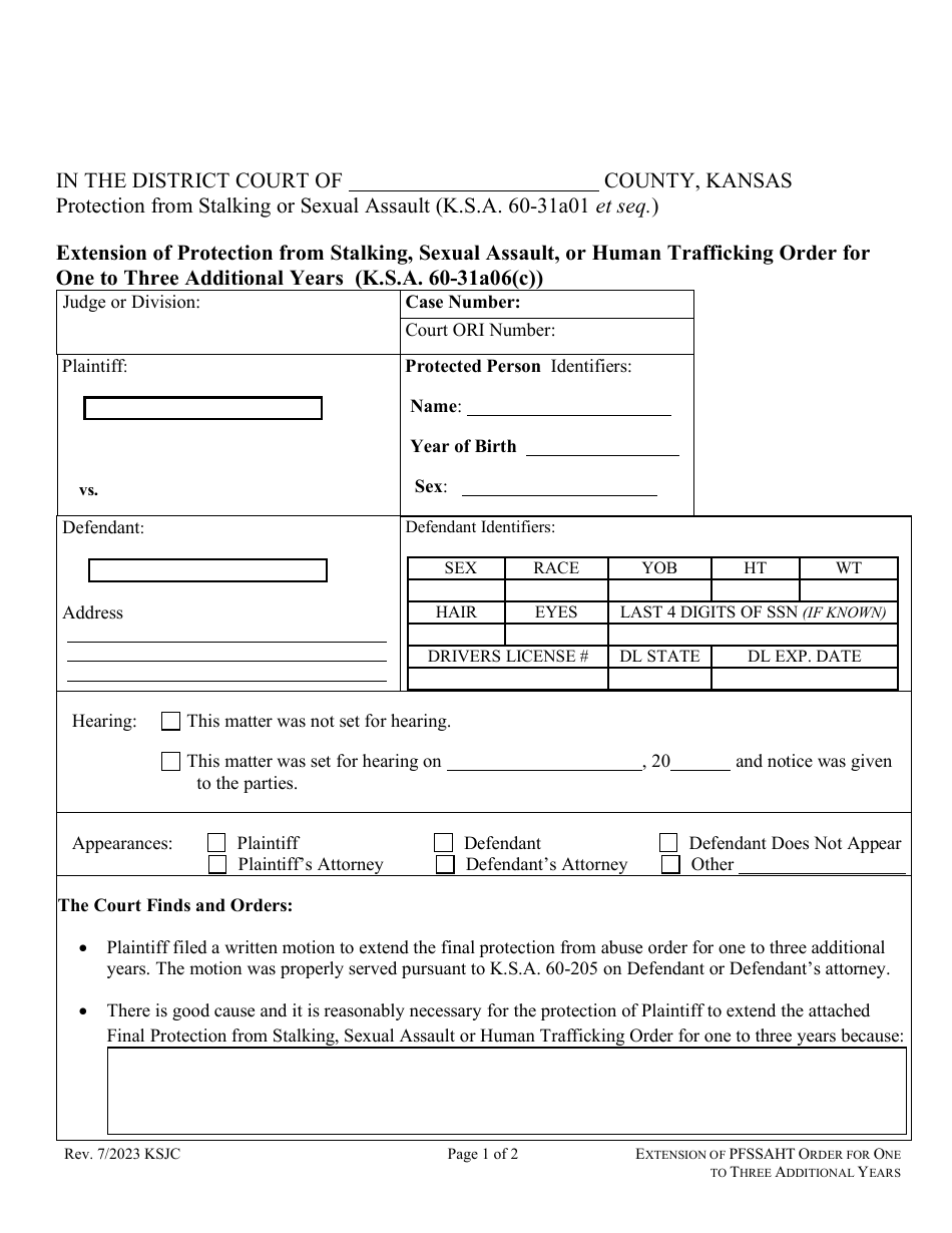 Extension of Protection From Stalking, Sexual Assault, or Human Trafficking Order for One to Three Additional Years (K.s.a. 60-31a06(C)) - Kansas, Page 1