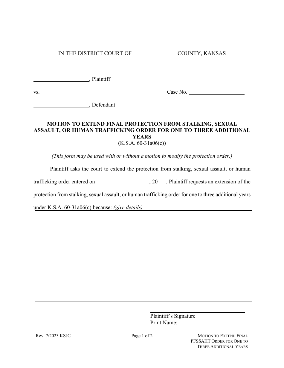 Kansas Motion to Extend Final Protection From Stalking, Sexual Assault
