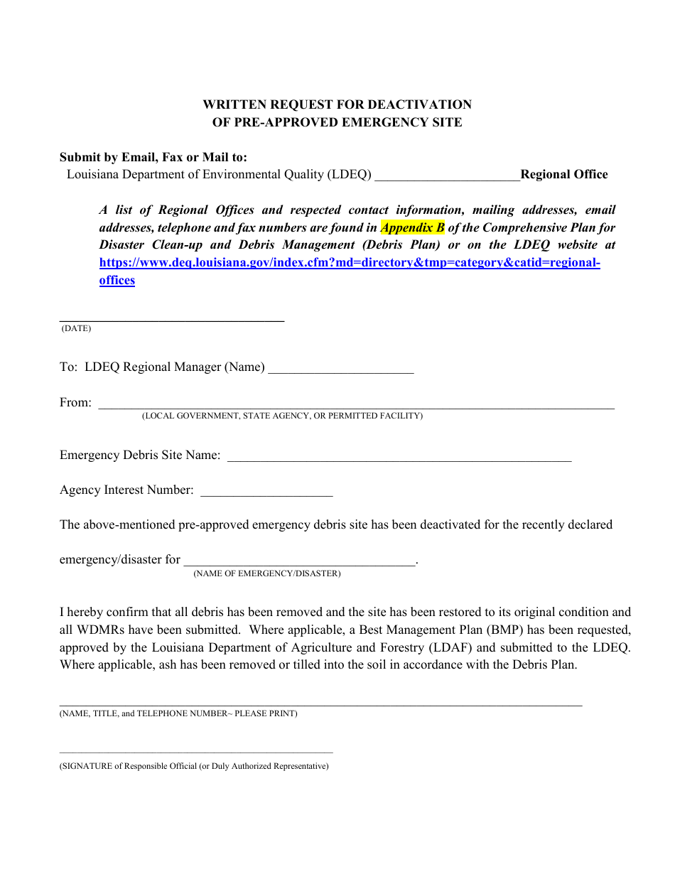 Written Request for Deactivation of Pre-approved Emergency Site - Louisiana, Page 1