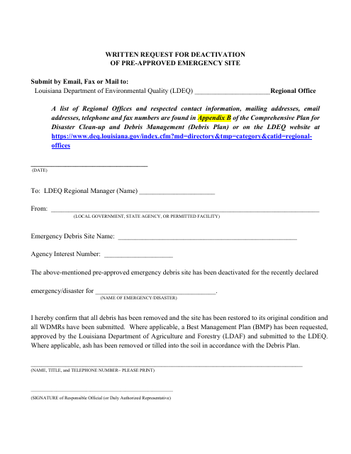 Written Request for Deactivation of Pre-approved Emergency Site - Louisiana