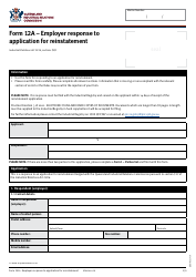 Document preview: Form 12A Employer Response to Application for Reinstatement - Queensland, Australia