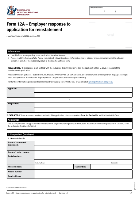 Form 12A Employer Response to Application for Reinstatement - Queensland, Australia