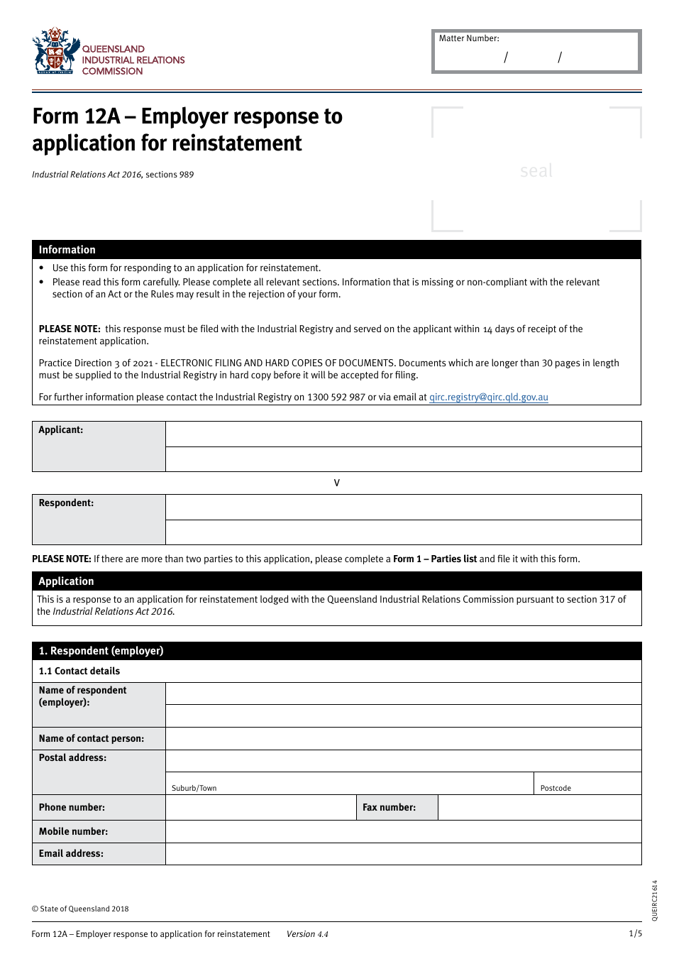 Form 12A Employer Response to Application for Reinstatement - Queensland, Australia, Page 1
