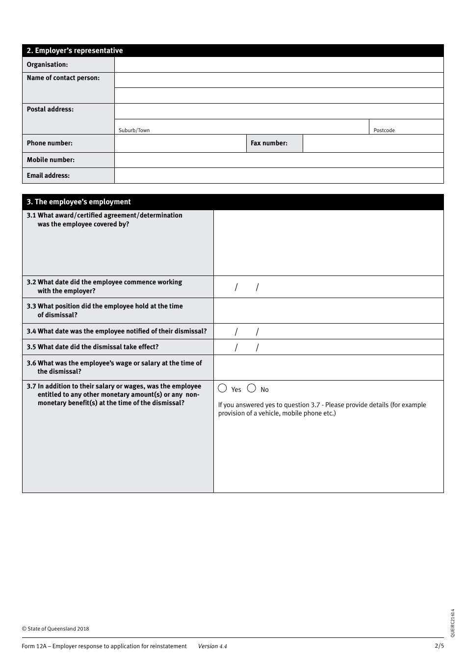 Form 12A Employer Response to Application for Reinstatement - Queensland, Australia, Page 2