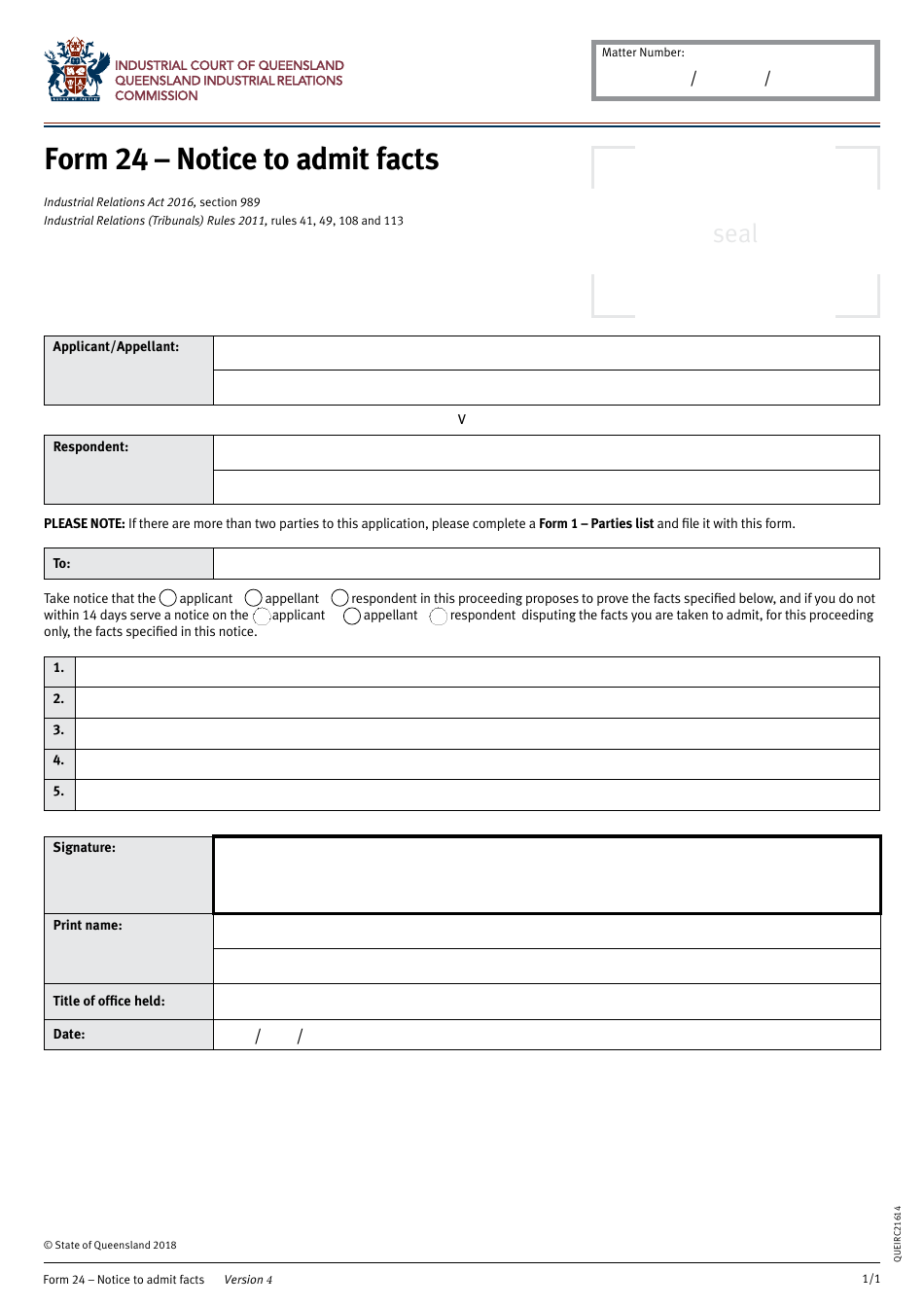 Form 24 Notice to Admit Facts - Queensland, Australia, Page 1