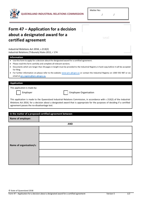 Form 47 Application for a Decision About a Designated Award for a Certified Agreement - Queensland, Australia