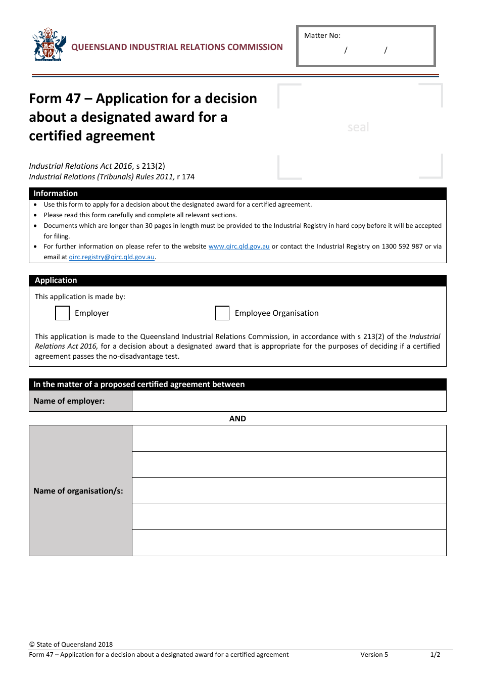 Form 47 Application for a Decision About a Designated Award for a Certified Agreement - Queensland, Australia, Page 1