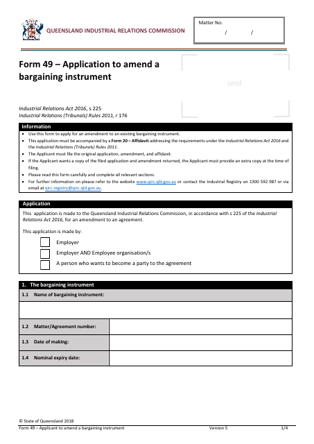 Form 49 Application to Amend a Bargaining Instrument - Queensland, Australia