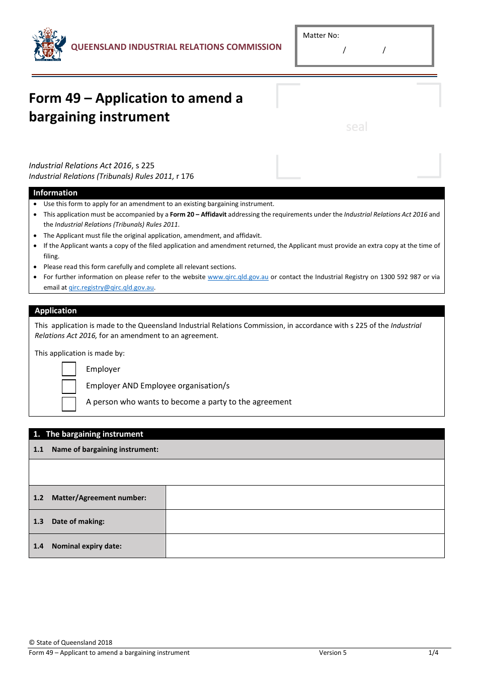 Form 49 Application to Amend a Bargaining Instrument - Queensland, Australia, Page 1
