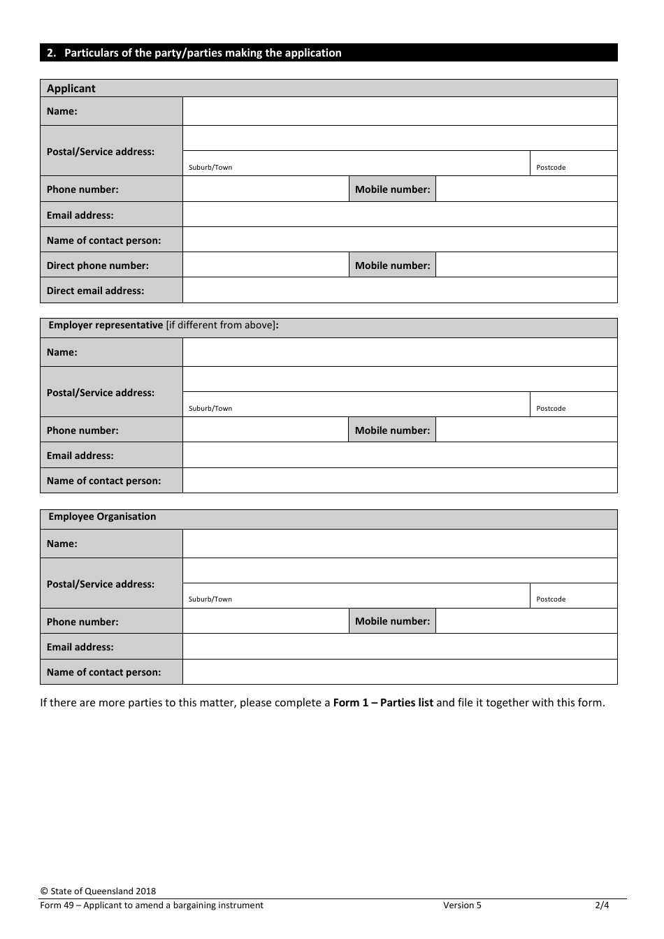 Form 49 Application to Amend a Bargaining Instrument - Queensland, Australia, Page 2