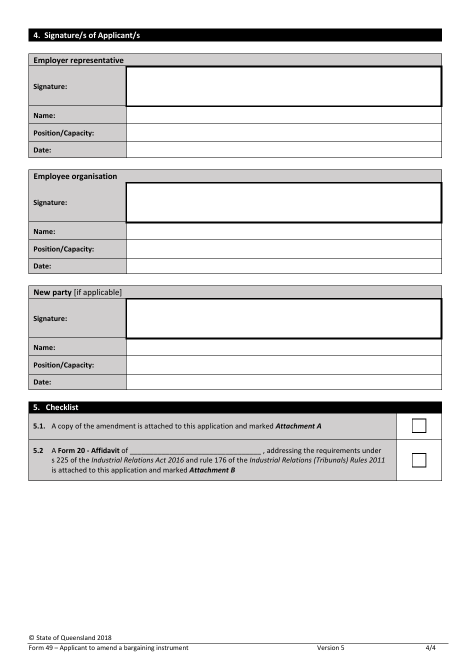Form 49 Application to Amend a Bargaining Instrument - Queensland, Australia, Page 4