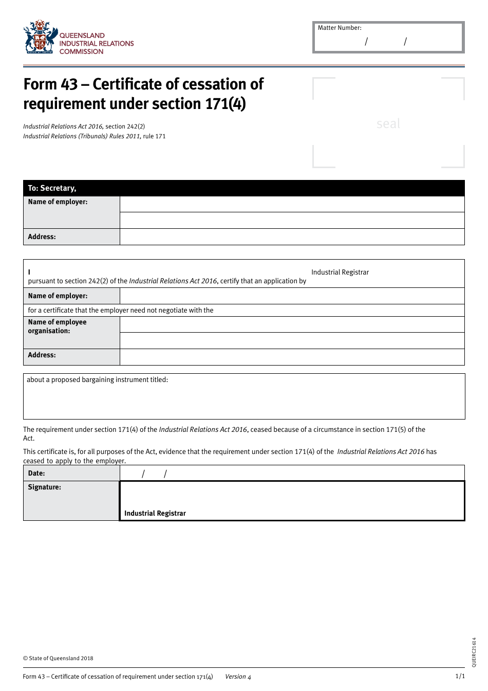Form 43 Certificate of Cessation of Requirement Under Section 171(4) - Queensland, Australia, Page 1