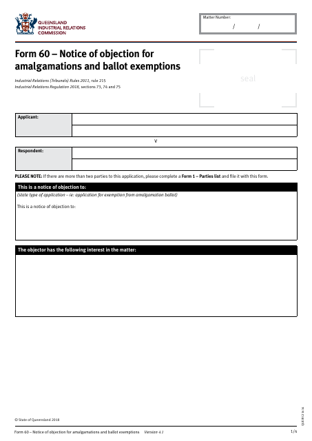 Form 60 Notice of Objection for Amalgamations and Ballot Exemptions - Queensland, Australia