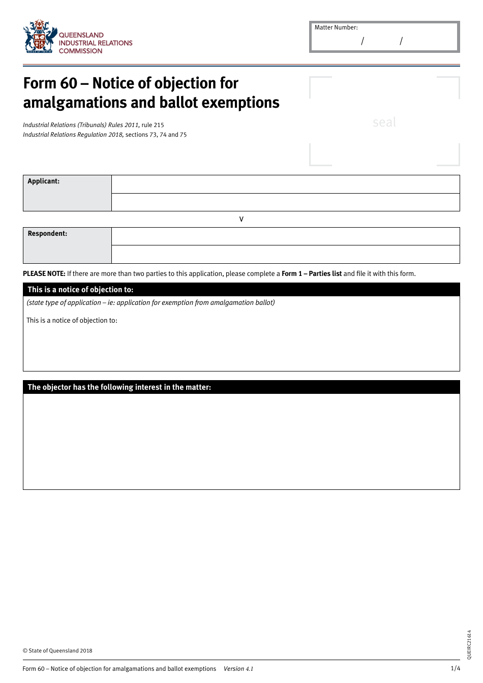 Form 60 Notice of Objection for Amalgamations and Ballot Exemptions - Queensland, Australia, Page 1