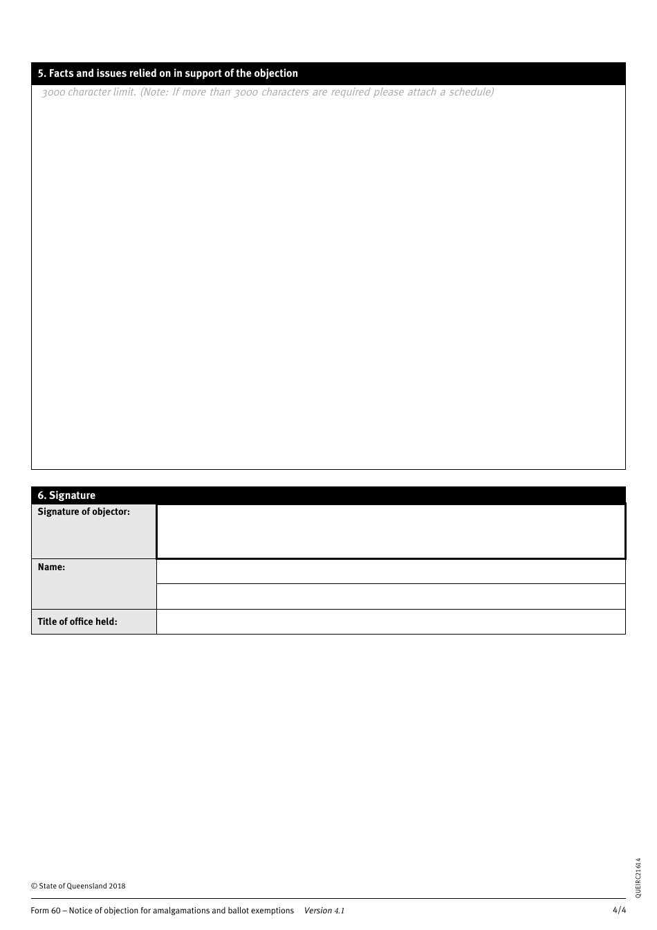 Form 60 Notice of Objection for Amalgamations and Ballot Exemptions - Queensland, Australia, Page 4