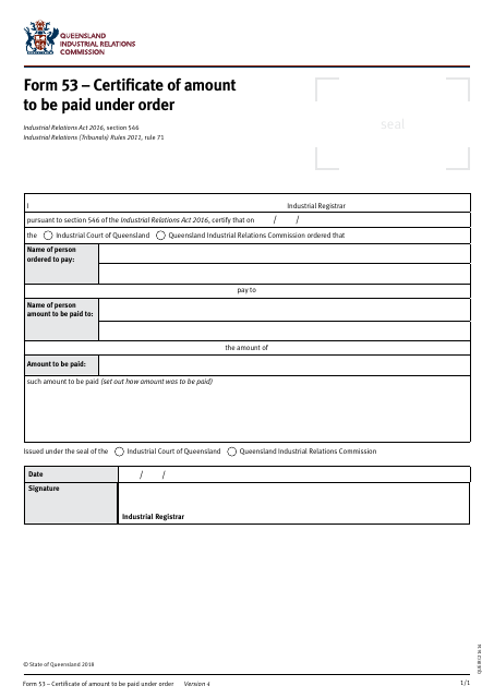 Form 53 Certificate of Amount to Be Paid Under Order - Queensland, Australia