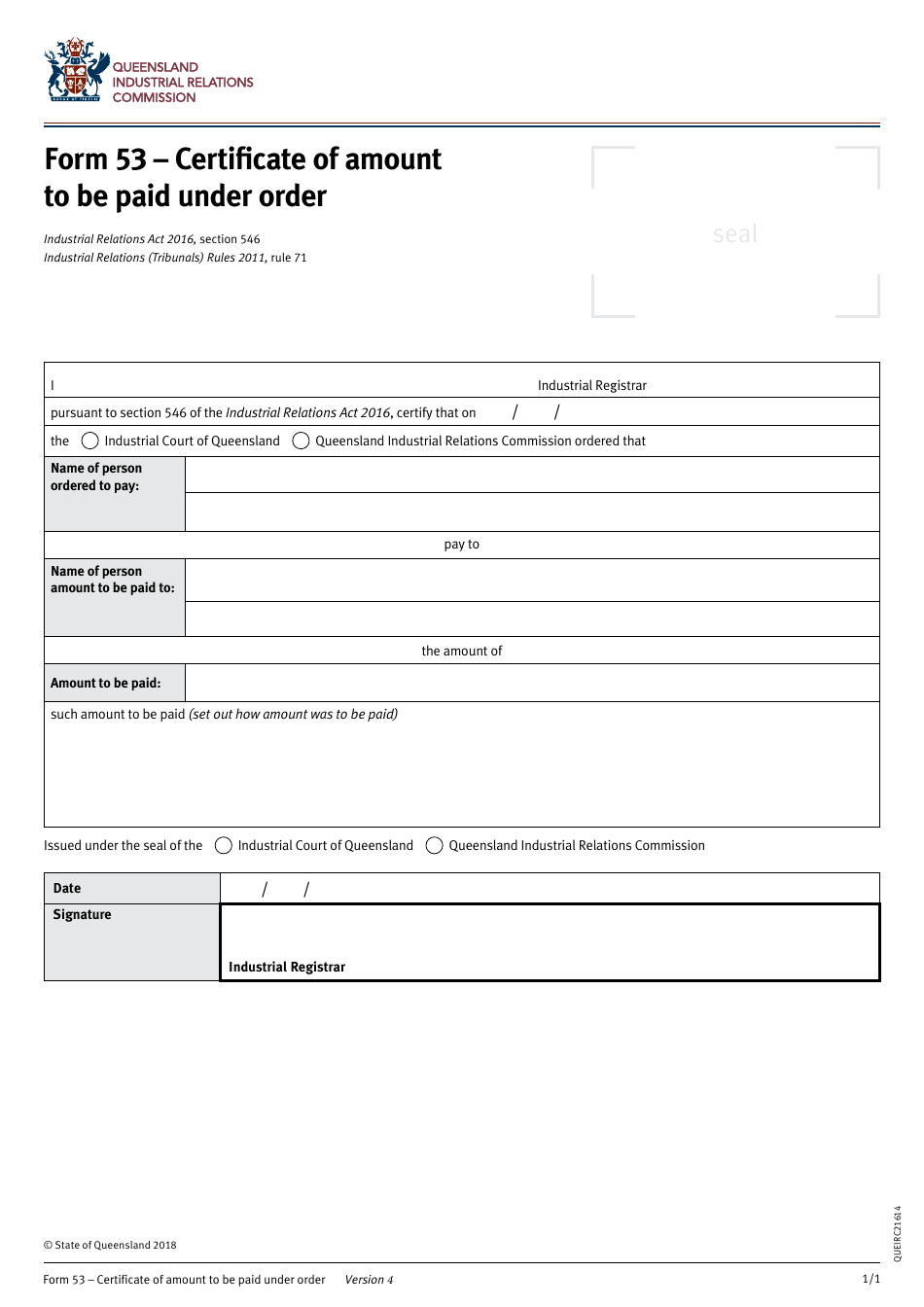 Form 53 Certificate of Amount to Be Paid Under Order - Queensland, Australia, Page 1