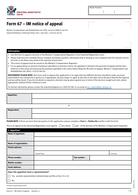 Form 67 Im Notice of Appeal - Queensland, Australia