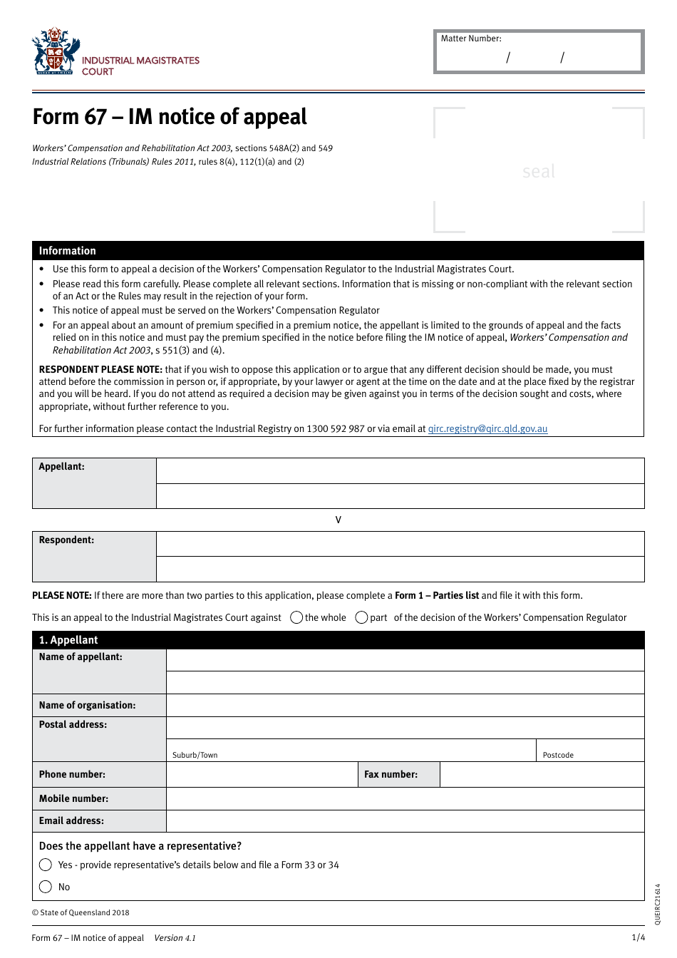 Form 67 Im Notice of Appeal - Queensland, Australia, Page 1